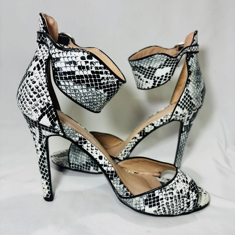 Black White Snakeskin Ankle Strap Stiletto Heels Open Toe Dress Sandals Women